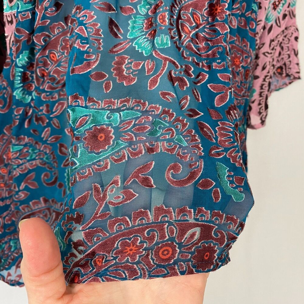 Floreat Anthropologie Top Small Valo Boho Paisley Burnout Bell Sleeve Silk Bld - Picture 6 of 13